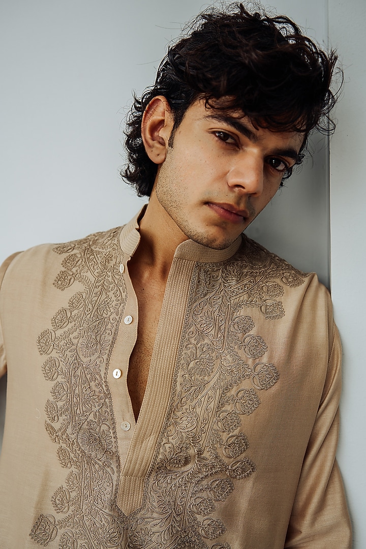 Dark Beige Chanderi Embroidered Kurta Set by Wabi Sabi Men at Pernia's Pop Up Shop
