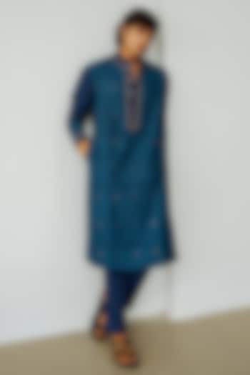 Ink Blue Chanderi Hand Embroidered Kurta Set by Wabi Sabi Men at Pernia's Pop Up Shop
