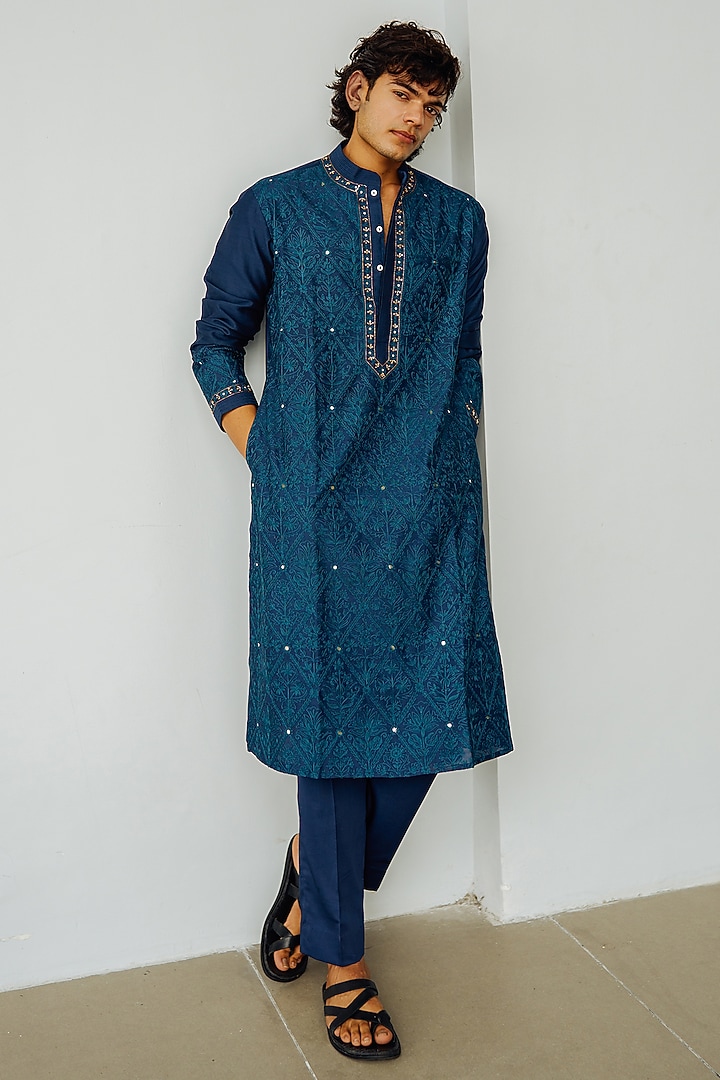 Ink Blue Chanderi Hand Embroidered Kurta Set by Wabi Sabi Men at Pernia's Pop Up Shop