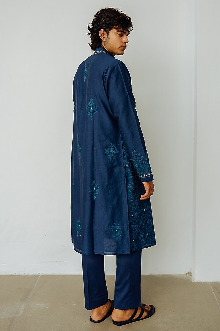 Ink Blue Chanderi Hand Embroidered Kurta Set by Wabi Sabi Men at Pernia's Pop Up Shop