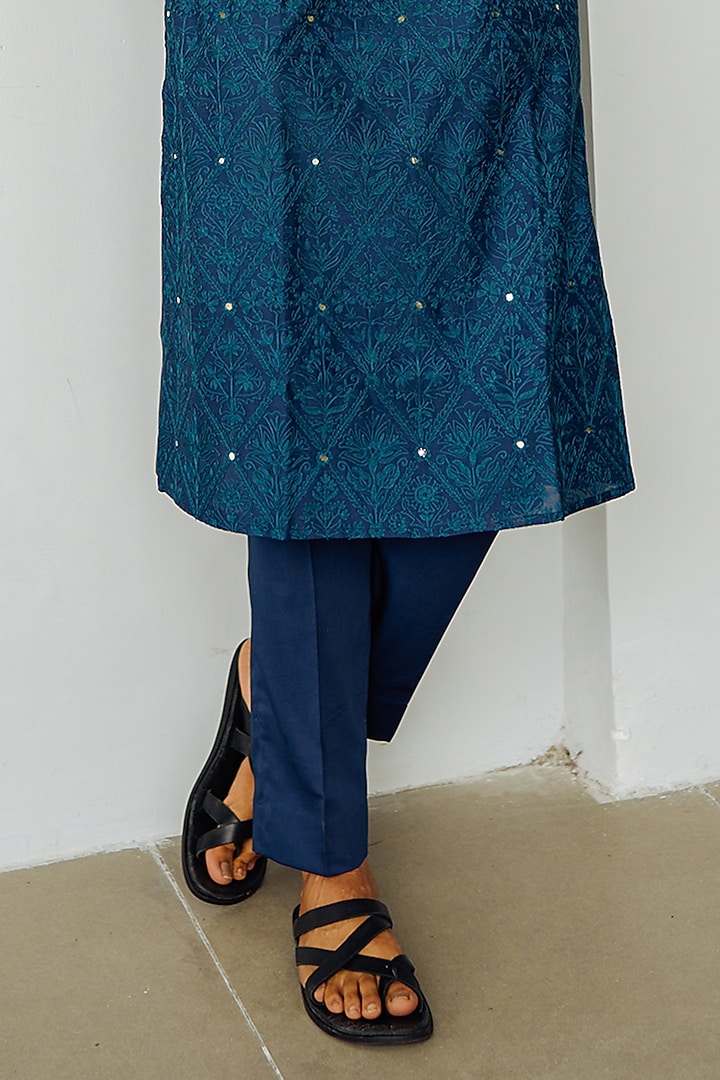 Ink Blue Chanderi Hand Embroidered Kurta Set by Wabi Sabi Men at Pernia's Pop Up Shop