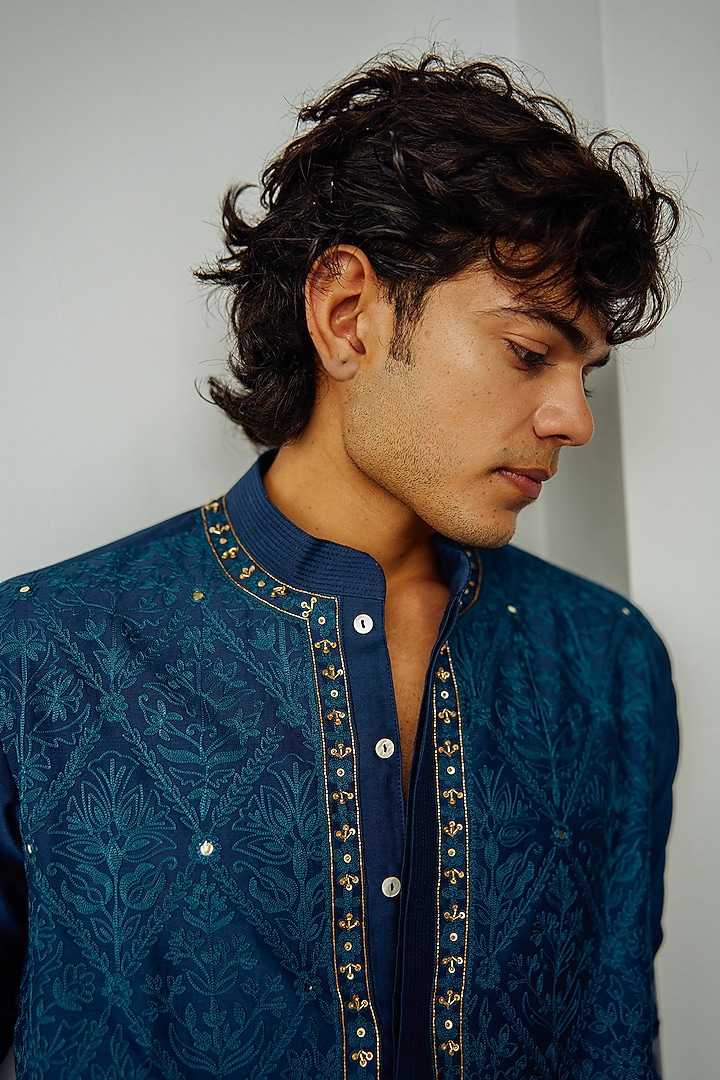 Ink Blue Chanderi Hand Embroidered Kurta Set by Wabi Sabi Men at Pernia's Pop Up Shop