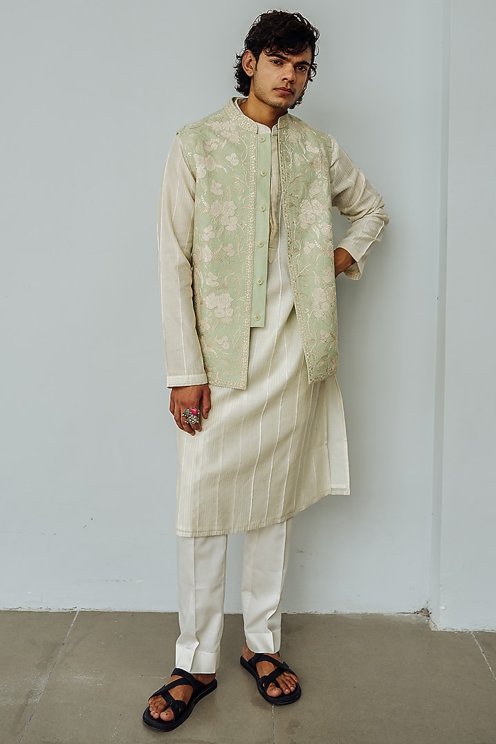 Mint Chanderi Embroidered Wedding Indowestern Set by Wabi Sabi Men at Pernia's Pop Up Shop