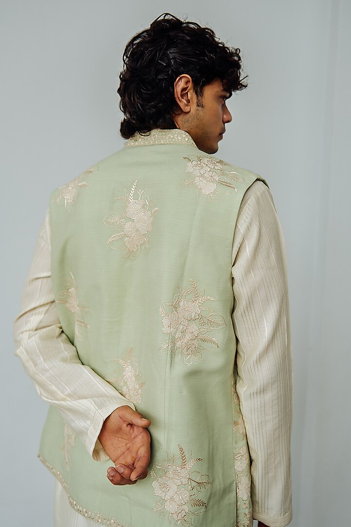 Mint Chanderi Embroidered Wedding Indowestern Set by Wabi Sabi Men at Pernia's Pop Up Shop