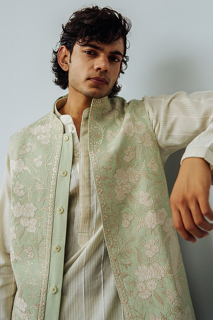 Mint Chanderi Embroidered Wedding Indowestern Set by Wabi Sabi Men at Pernia's Pop Up Shop