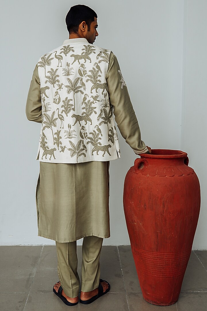 White Chanderi Embroidered Wedding Indowestern Set by Wabi Sabi Men at Pernia's Pop Up Shop