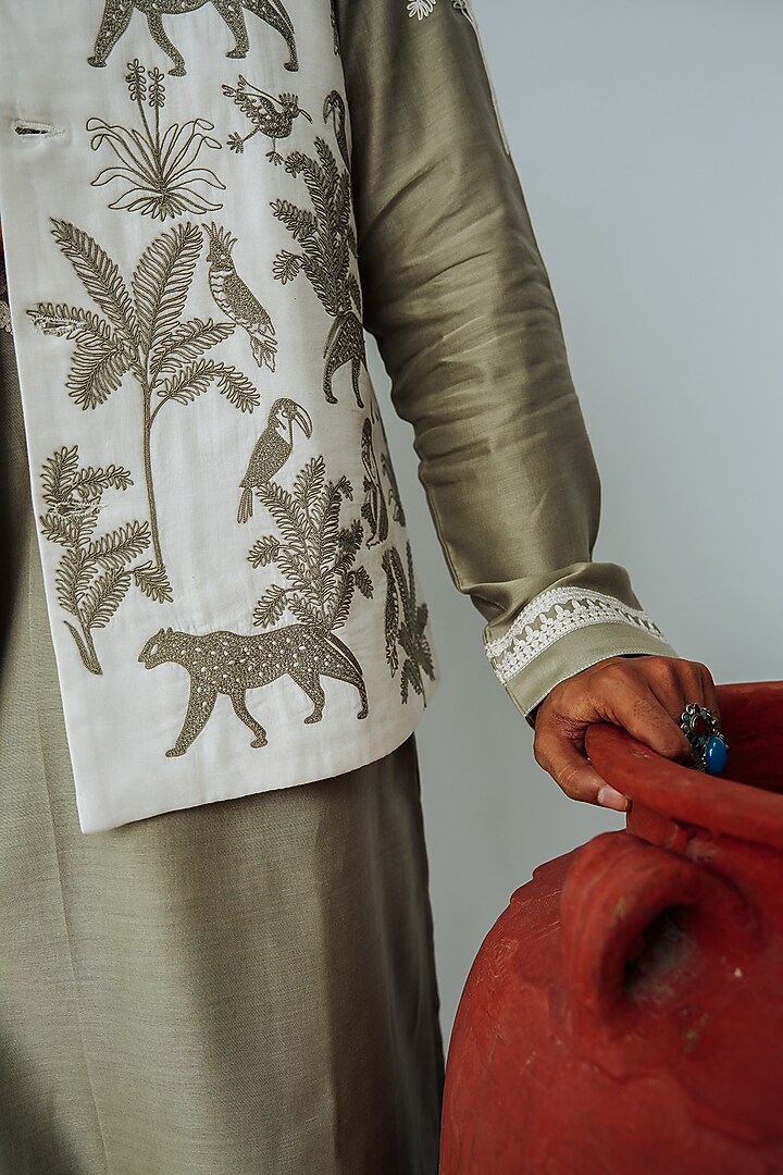 White Chanderi Embroidered Wedding Indowestern Set by Wabi Sabi Men at Pernia's Pop Up Shop