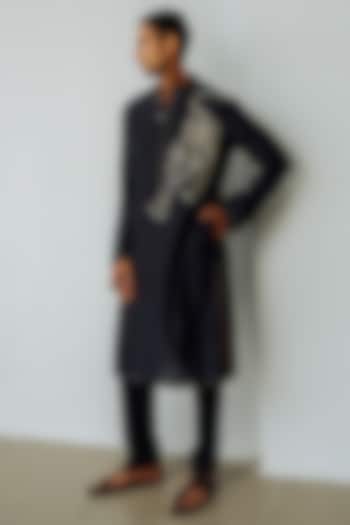 Charcoal Black Chanderi Hand Embroidered Kurta Set by Wabi Sabi Men at Pernia's Pop Up Shop