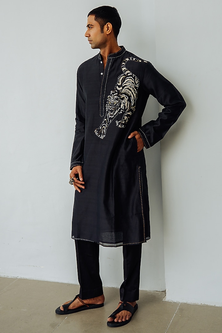 Charcoal Black Chanderi Hand Embroidered Kurta Set by Wabi Sabi Men at Pernia's Pop Up Shop
