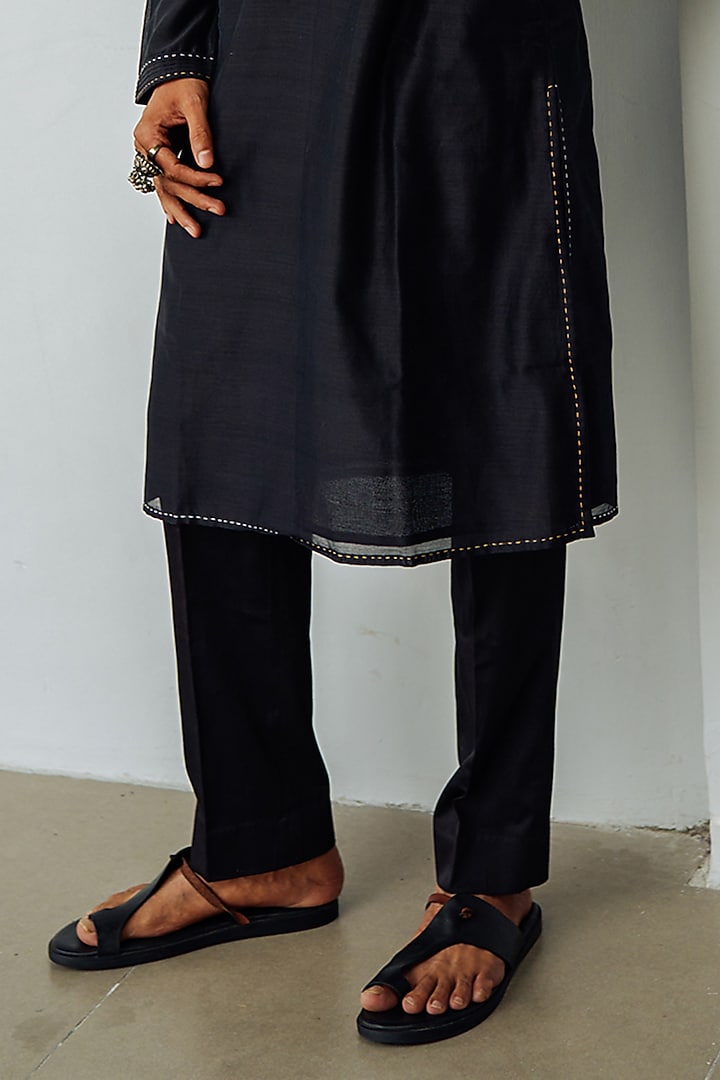 Charcoal Black Chanderi Hand Embroidered Kurta Set by Wabi Sabi Men at Pernia's Pop Up Shop