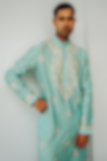 Aqua Chanderi Hand Embroidered Kurta Set by Wabi Sabi Men at Pernia's Pop Up Shop