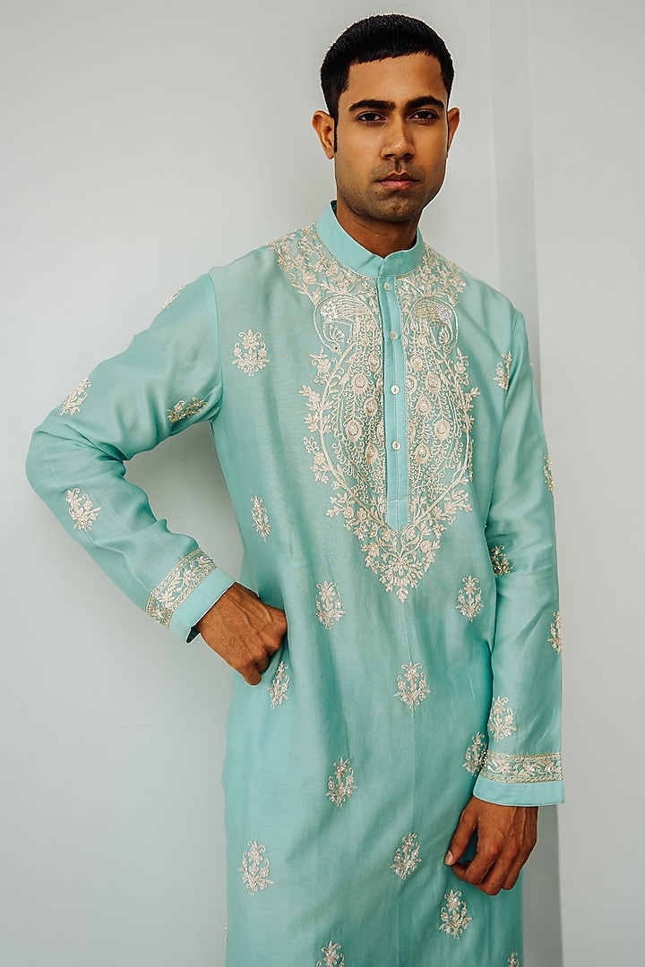 Aqua Chanderi Hand Embroidered Kurta Set by Wabi Sabi Men at Pernia's Pop Up Shop