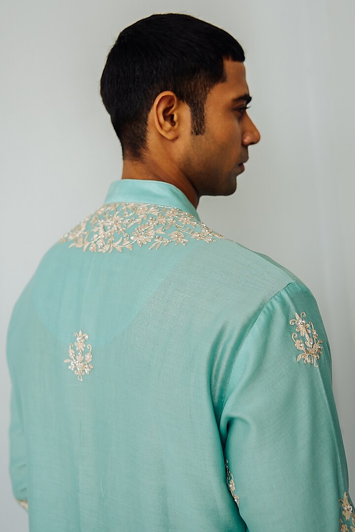 Aqua Chanderi Hand Embroidered Kurta Set by Wabi Sabi Men at Pernia's Pop Up Shop