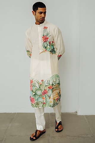 Ivory Chanderi Hand Painted Kurta Set by Wabi Sabi Men