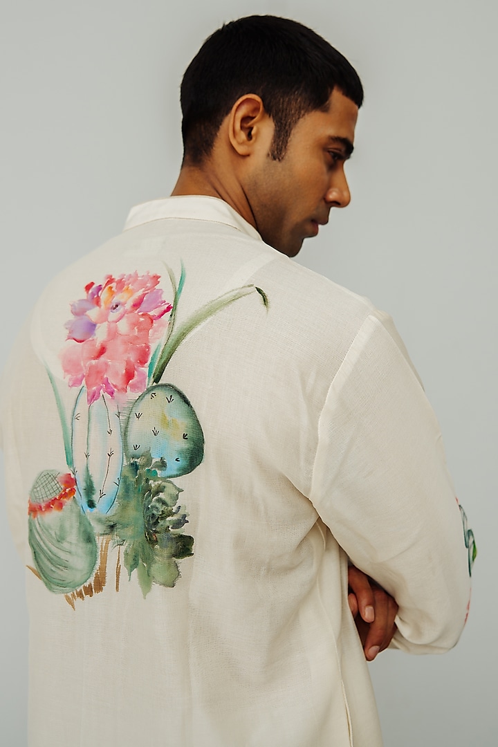 Ivory Chanderi Hand Painted Kurta Set by Wabi Sabi Men at Pernia's Pop Up Shop
