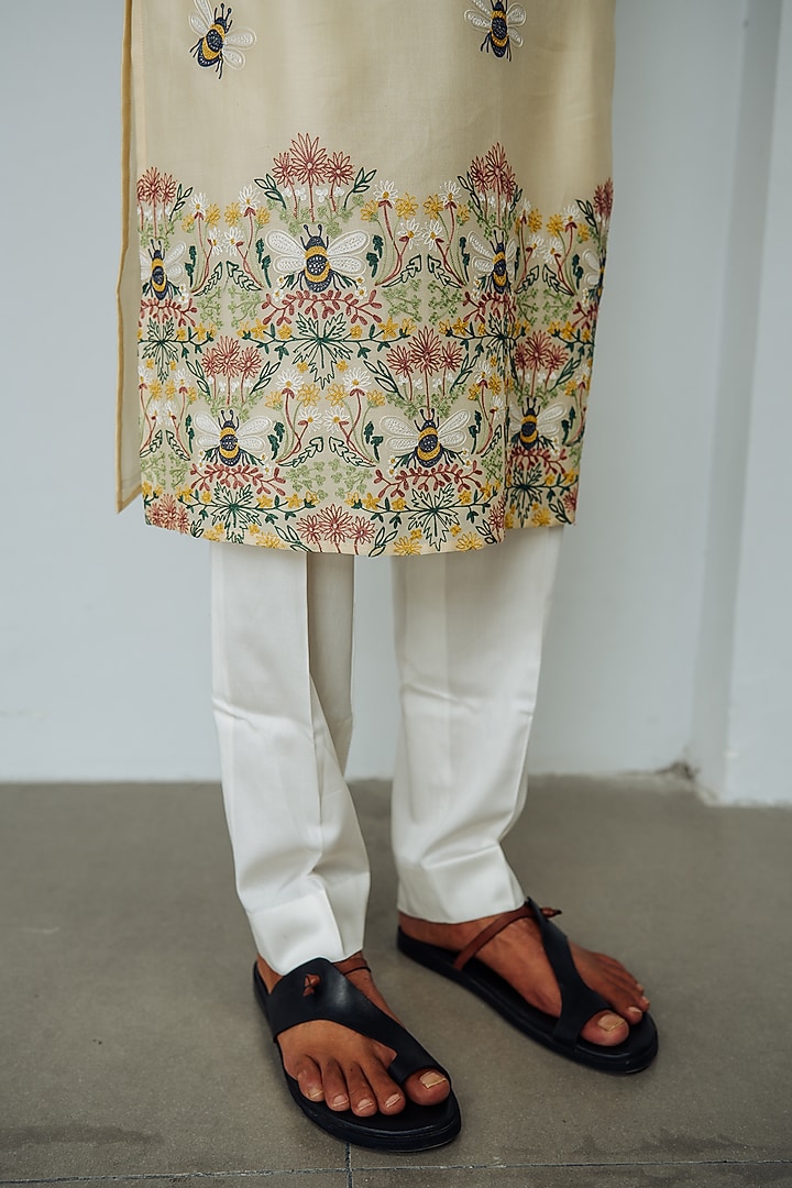 Beige Chanderi Embroidered Kurta Set by Wabi Sabi Men at Pernia's Pop Up Shop