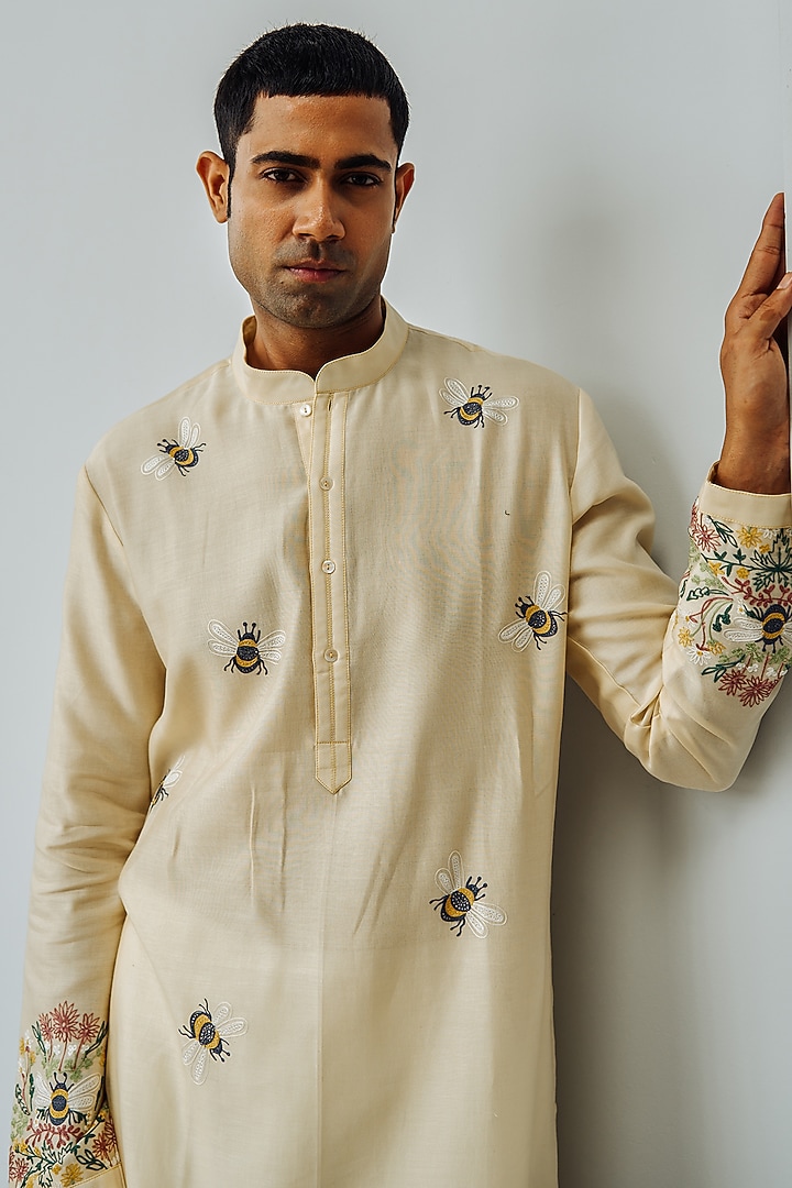Beige Chanderi Embroidered Kurta Set by Wabi Sabi Men at Pernia's Pop Up Shop