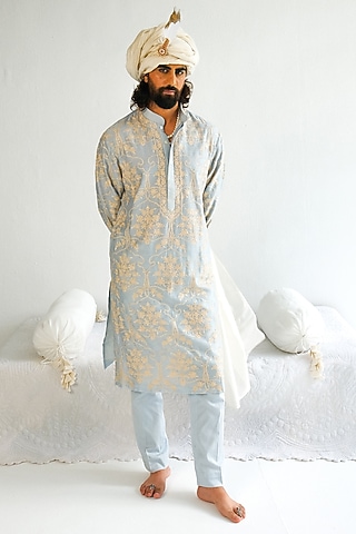 Powder Blue Chanderi Handloom Aari Embroidered Kurta Set by Wabi Sabi Men