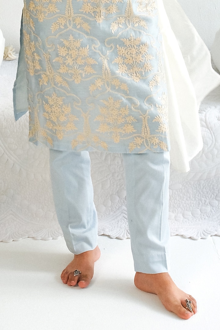 Powder Blue Chanderi Handloom Aari Embroidered Kurta Set by Wabi Sabi Men at Pernia's Pop Up Shop
