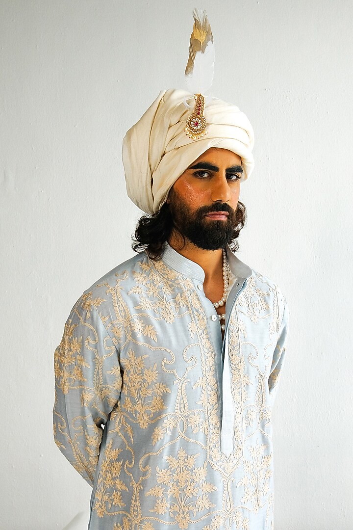 Powder Blue Chanderi Handloom Aari Embroidered Kurta Set by Wabi Sabi Men at Pernia's Pop Up Shop