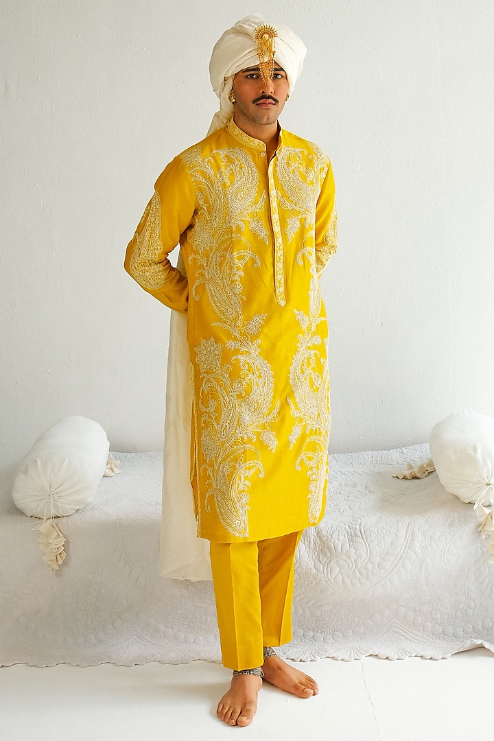 Mustard Yellow Chanderi Handloom Marodi Embroidered Kurta Set by WABI SABI at Pernia's Pop Up Shop