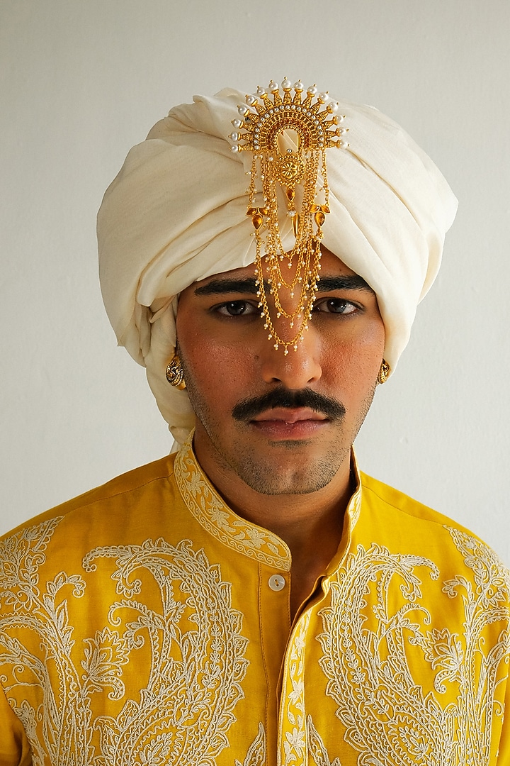 Mustard Yellow Chanderi Handloom Marodi Embroidered Kurta Set by Wabi Sabi Men at Pernia's Pop Up Shop