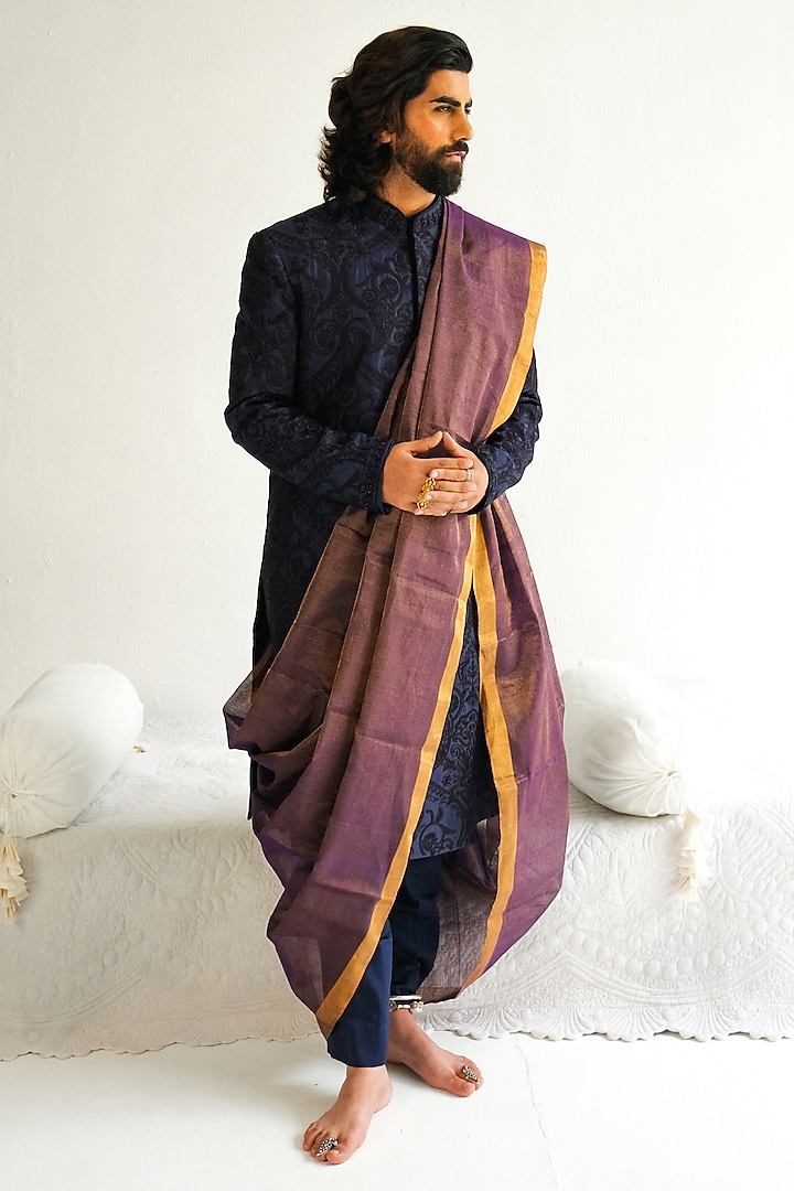 Ink Blue Chanderi Handloom Aari Embroidered Wedding Sherwani Set by WABI SABI at Pernia's Pop Up Shop