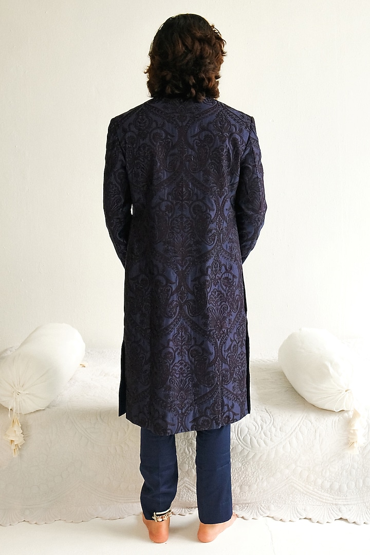 Ink Blue Chanderi Handloom Aari Embroidered Wedding Sherwani Set by Wabi Sabi Men at Pernia's Pop Up Shop