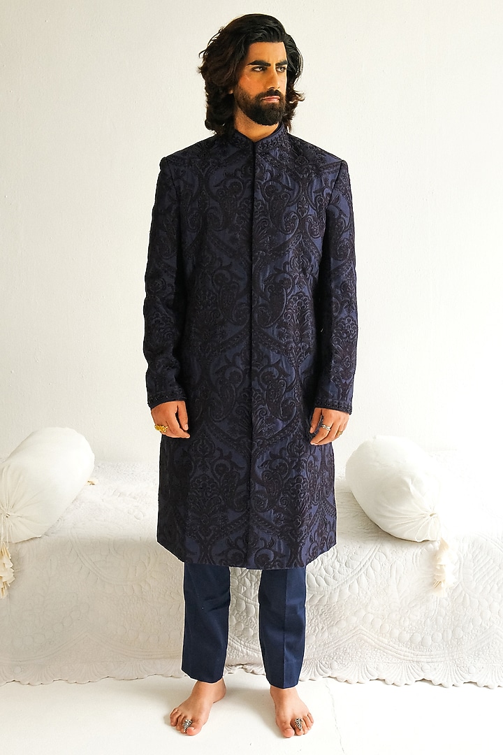 Ink Blue Chanderi Handloom Aari Embroidered Wedding Sherwani Set by Wabi Sabi Men at Pernia's Pop Up Shop