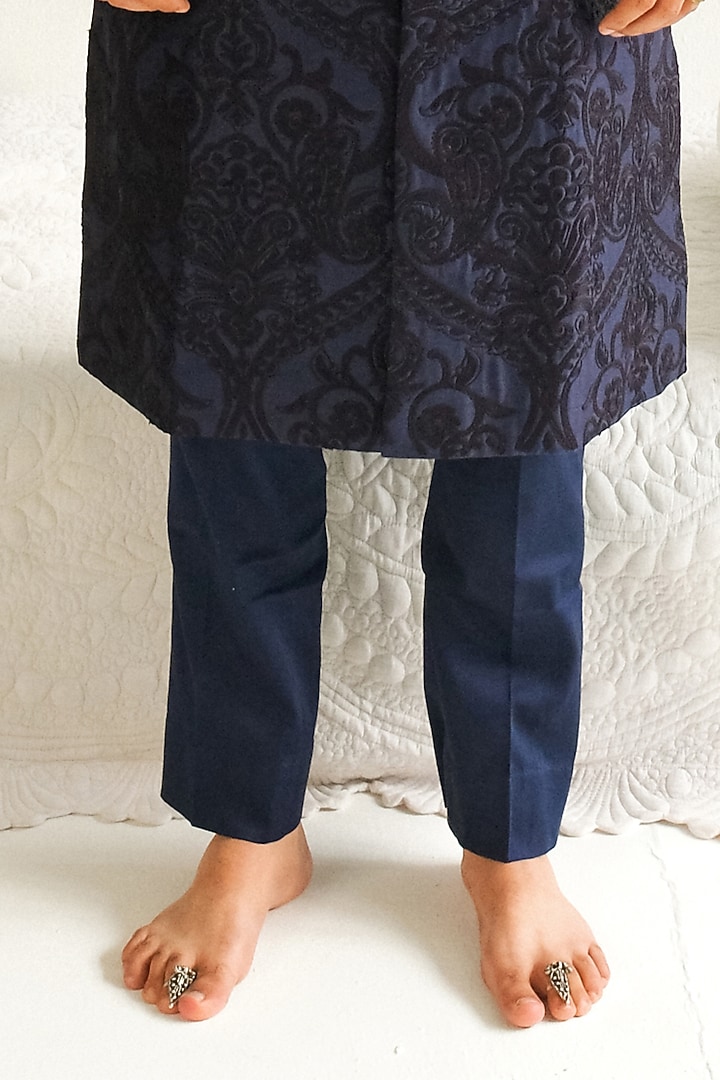 Ink Blue Chanderi Handloom Aari Embroidered Wedding Sherwani Set by Wabi Sabi Men at Pernia's Pop Up Shop
