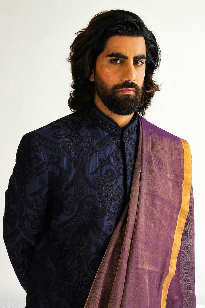 Ink Blue Chanderi Handloom Aari Embroidered Wedding Sherwani Set by Wabi Sabi Men at Pernia's Pop Up Shop