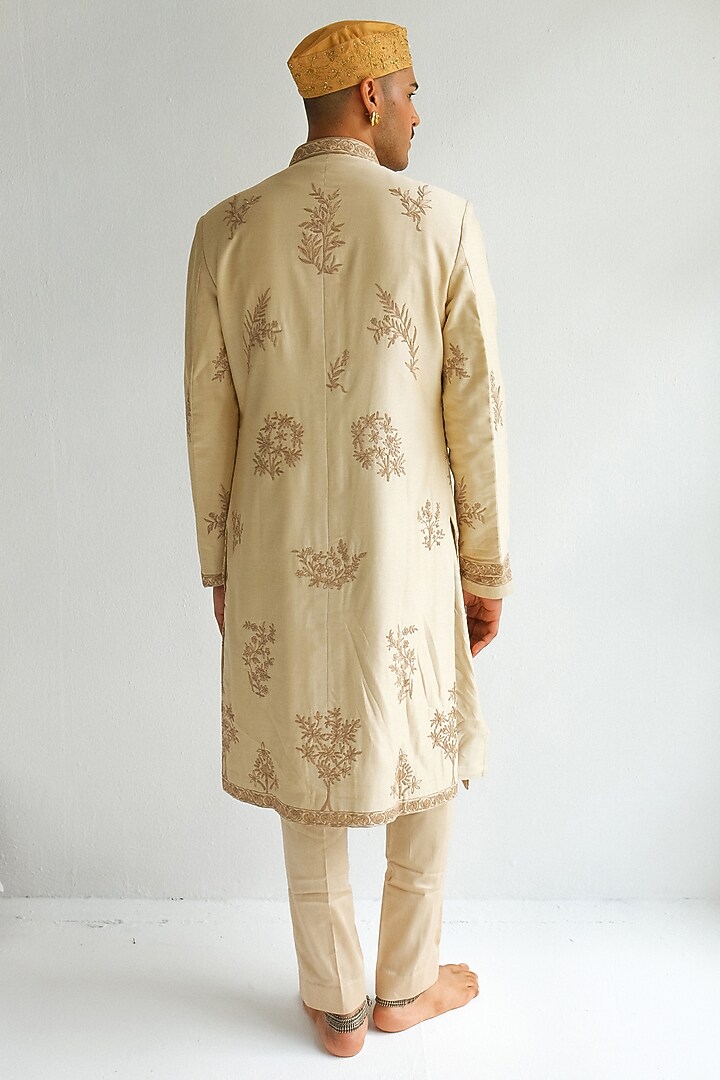 Beige Chanderi Handloom Dori Embroidered Wedding Sherwani Set by Wabi Sabi Men at Pernia's Pop Up Shop
