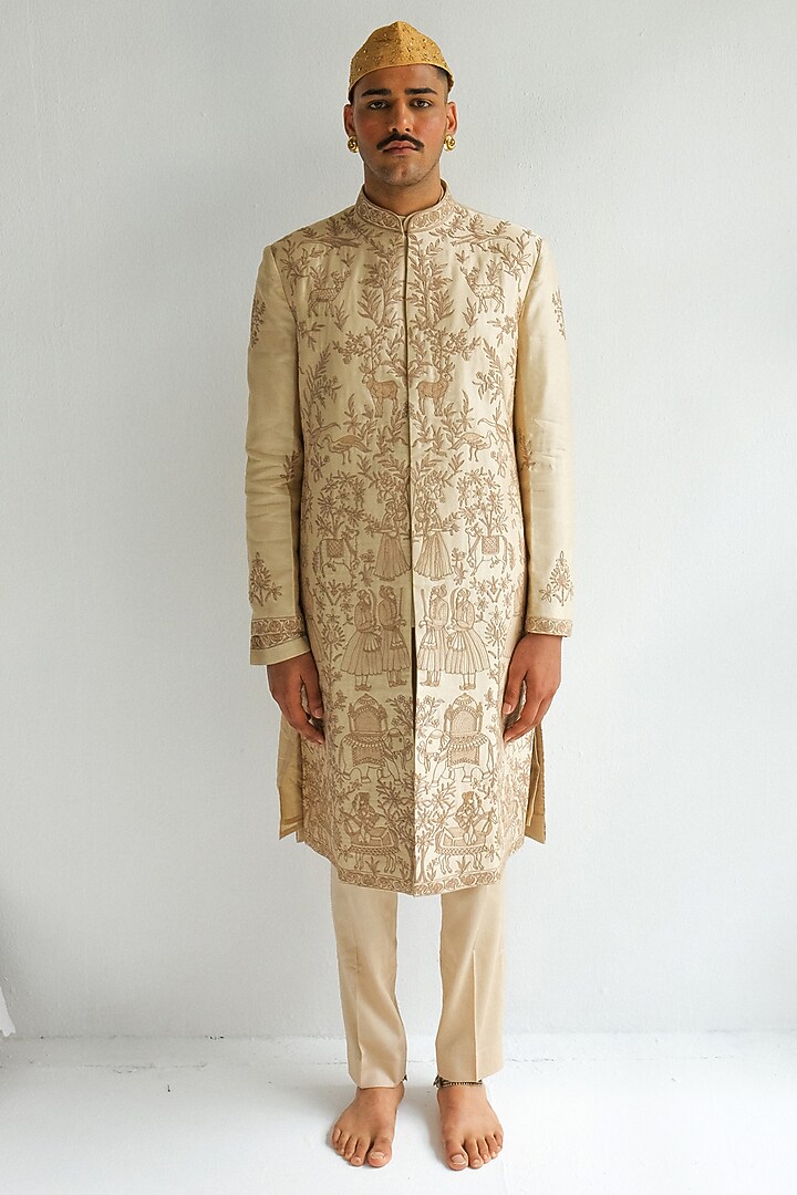 Beige Chanderi Handloom Dori Embroidered Wedding Sherwani Set by Wabi Sabi Men at Pernia's Pop Up Shop