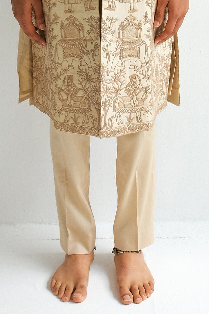 Beige Chanderi Handloom Dori Embroidered Wedding Sherwani Set by Wabi Sabi Men at Pernia's Pop Up Shop