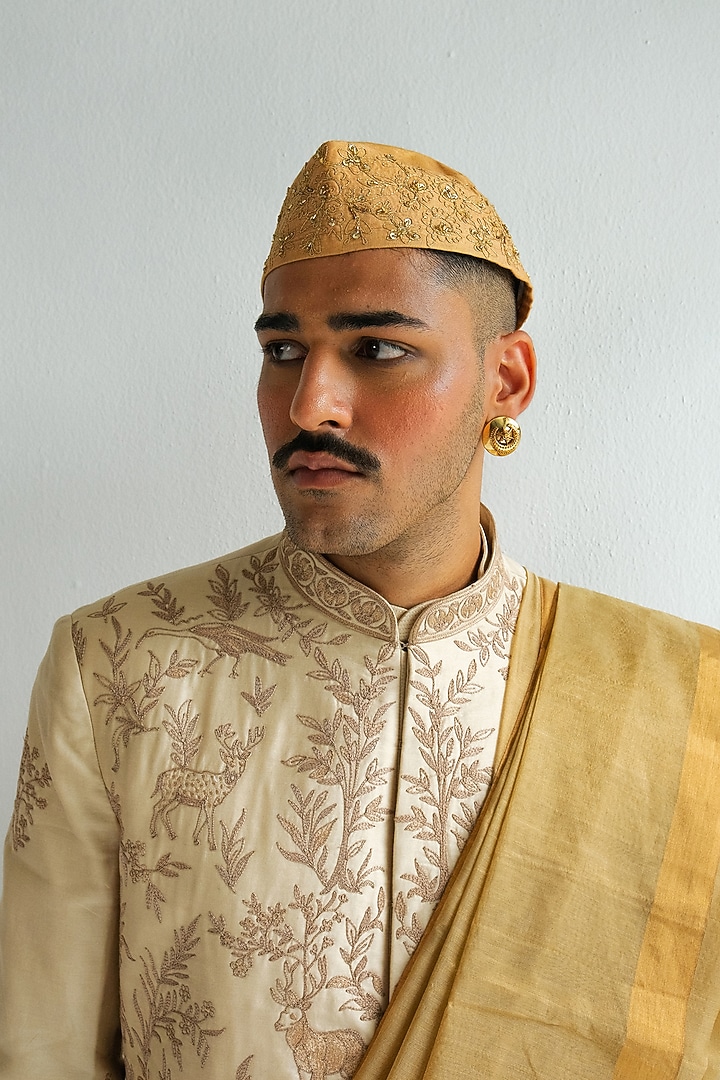 Beige Chanderi Handloom Dori Embroidered Wedding Sherwani Set by Wabi Sabi Men at Pernia's Pop Up Shop
