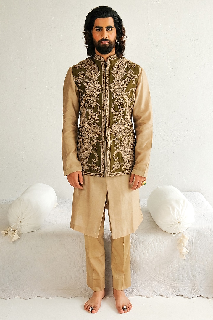 Olive Chanderi Handloom Dori Embroidered Bundi Jacket Set by WABI SABI at Pernia's Pop Up Shop