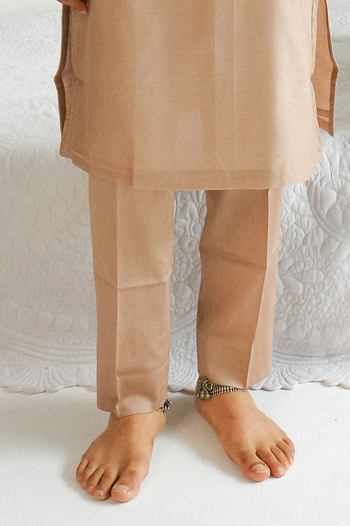Dark Beige Chanderi Handloom Dori Embroidered Bundi Jacket Set by Wabi Sabi Men at Pernia's Pop Up Shop