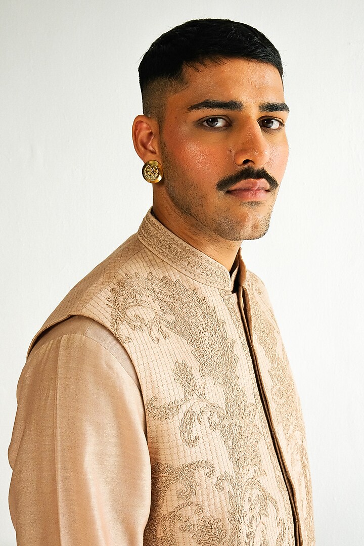 Dark Beige Chanderi Handloom Dori Embroidered Bundi Jacket Set by Wabi Sabi Men at Pernia's Pop Up Shop