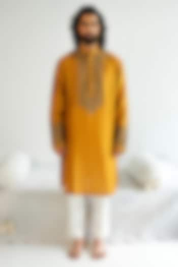 Dark Mustard Chanderi Handloom Dori Embroidered Kurta Set by WABI SABI at Pernia's Pop Up Shop