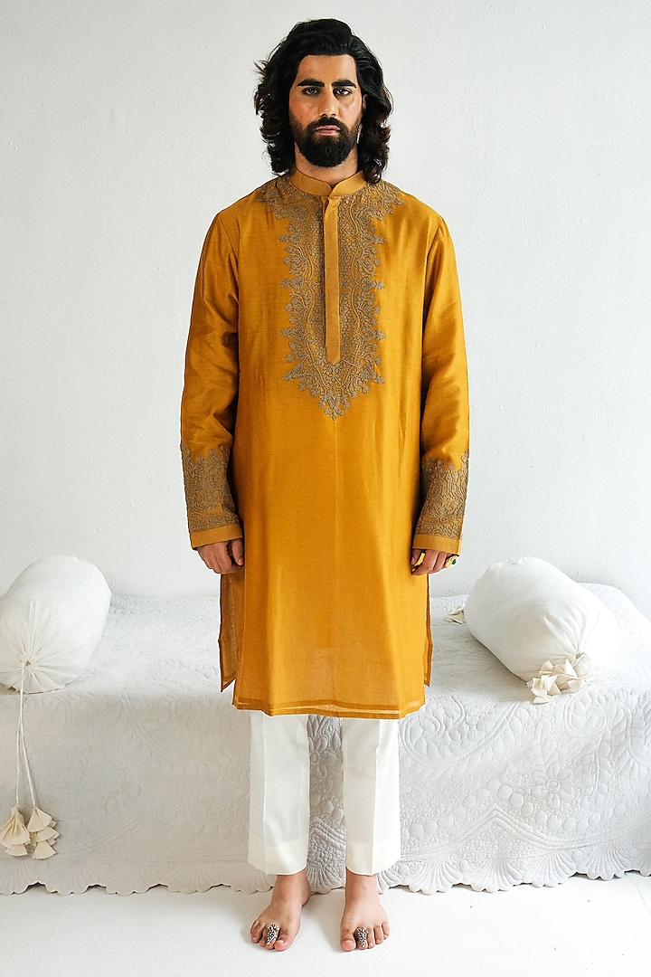 Dark Mustard Chanderi Handloom Dori Embroidered Kurta Set by WABI SABI at Pernia's Pop Up Shop