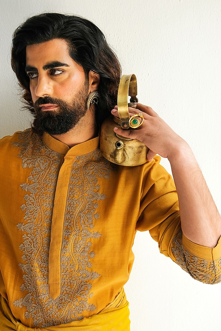 Dark Mustard Chanderi Handloom Dori Embroidered Kurta Set by Wabi Sabi Men at Pernia's Pop Up Shop