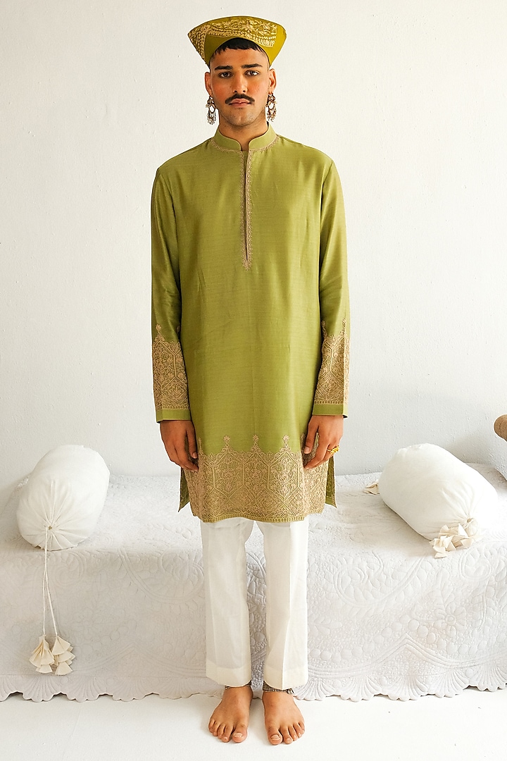 Pale Green Chanderi Handloom Dori Embroidered Kurta Set by WABI SABI at Pernia's Pop Up Shop