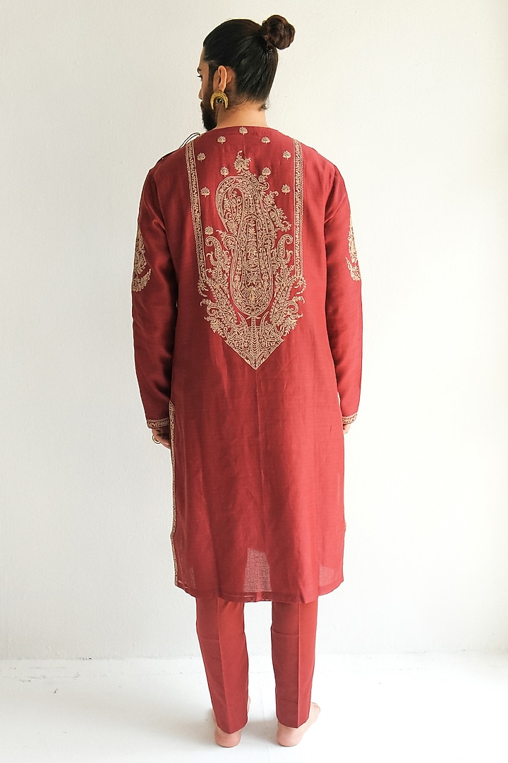 Cherry Red Chanderi Handloom Marodi Embroidered Kurta Set by Wabi Sabi Men at Pernia's Pop Up Shop