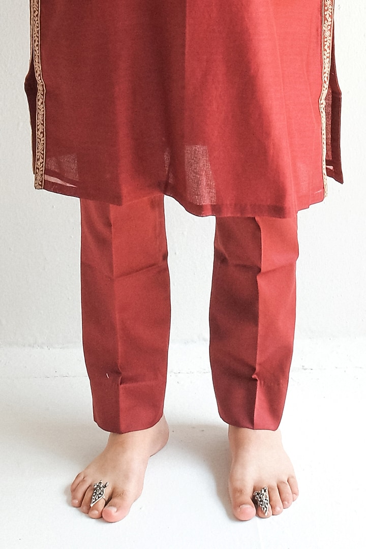 Cherry Red Chanderi Handloom Marodi Embroidered Kurta Set by Wabi Sabi Men at Pernia's Pop Up Shop
