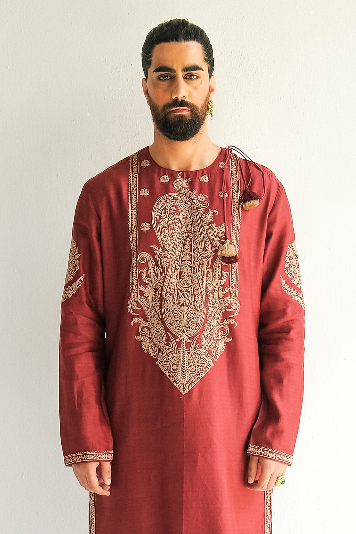 Cherry Red Chanderi Handloom Marodi Embroidered Kurta Set by Wabi Sabi Men at Pernia's Pop Up Shop