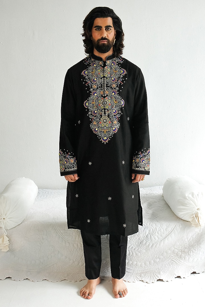 Black Chanderi Handloom Cutdana Embroidered Kurta Set by WABI SABI at Pernia's Pop Up Shop