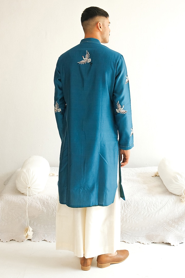Teal Blue Chanderi Handloom Resham Embroidered Kurta Set by Wabi Sabi Men at Pernia's Pop Up Shop