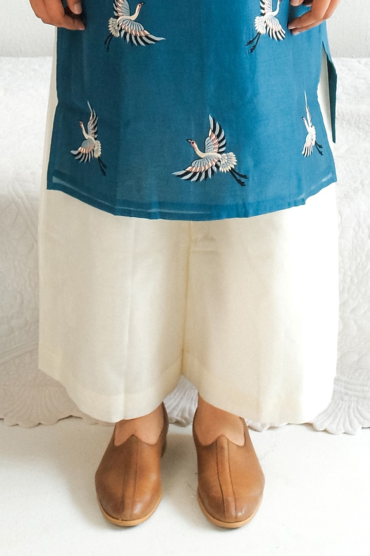Teal Blue Chanderi Handloom Resham Embroidered Kurta Set by Wabi Sabi Men at Pernia's Pop Up Shop