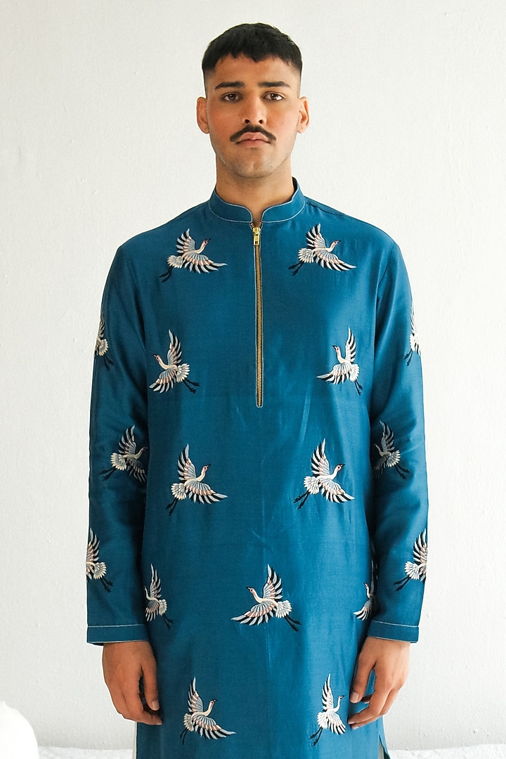 Teal Blue Chanderi Handloom Resham Embroidered Kurta Set by Wabi Sabi Men at Pernia's Pop Up Shop