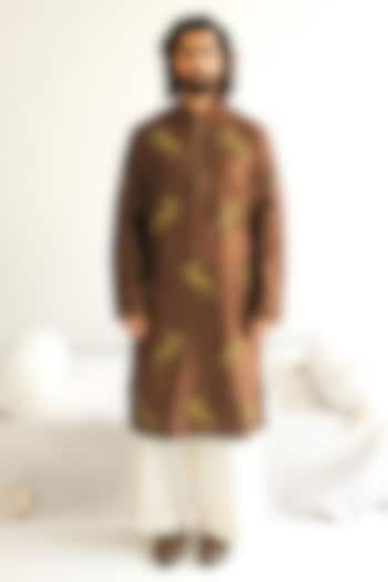 Chocolate-Colored Chanderi Handloom Resham Embroidered Kurta Set by WABI SABI